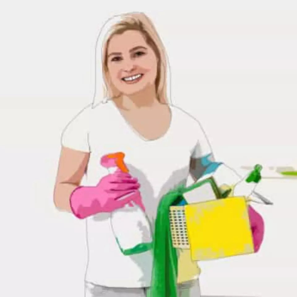 kvinna med städartiklar, rent och hygieniskt i 9 enkla steg